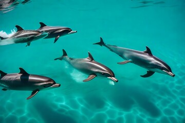 Photo of four dolphins swimming gracefully through turquoise waters. The water is so clear that the bodies of the dolphins are visible from above the surface