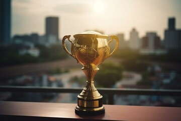 Golden soccer trophy cup with stadium background for football competition. Generative AI