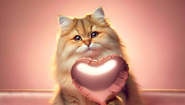 happy cute cat holding a heart shaped balloon for valentine day, birthday or anniversary, on a pink background	
