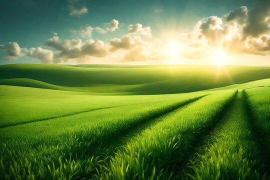 image of vast, lush green field under bright, clear sky. The grass is vibrant and well lit by the sunlight. In the background with minimal clouds offering an open and airy atmosphere-