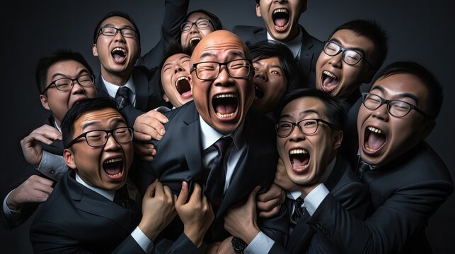 A corporate team jubilantly celebrates reaching a significant milestone.