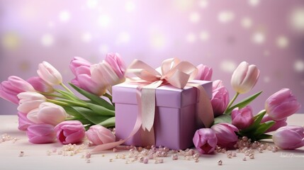 A postcard template featuring a gift box adorned with a bouquet of pink tulips, perfect for occasions like Mother's Day, International Women's Day, birthdays, or Valentine's Day.