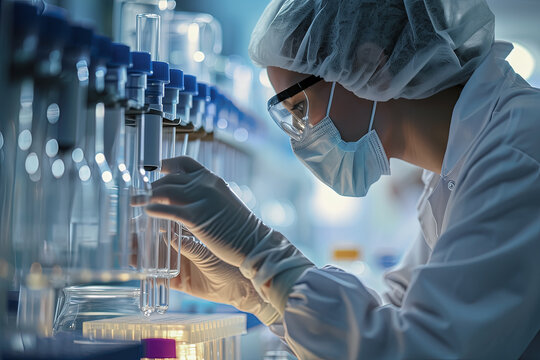 mujer cientifica vestida con traje de protecci&oacute;n EPI, mascarilla y guantes trabajando en un laboratorio, sobre fondo de elementos para la investigaci&oacute;n de vacunas para el cancer y el coronavirus