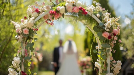 Bride and Groom Under Floral Archway, out of focus, absent on archway. - obrazy, fototapety, plakaty