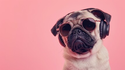Photo portrait of a funny pug puppy in headphones and sunglasses on a pink background