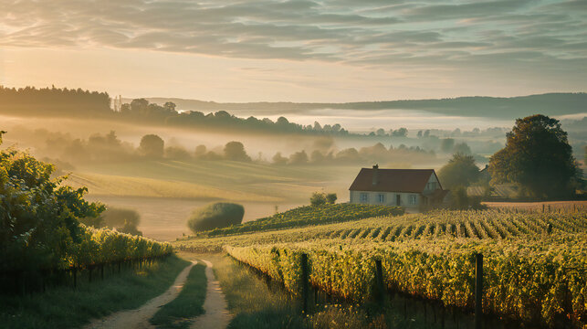 Beautiful countryside winery landscape with a cottage in a distance