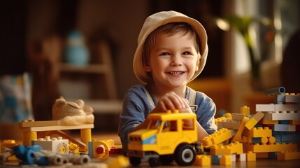 Happy European kid having fun playing with toy bricks constructor at home. Creative wallpaper, activity for children concept. copy space for text. - obrazy, fototapety, plakaty