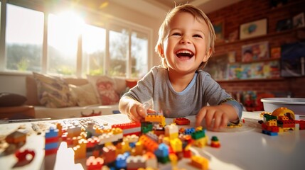 Fototapeta premium Happy European kid having fun playing with toy bricks constructor at home. Creative wallpaper, activity for children concept. copy space for text.