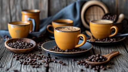 Fototapeta na wymiar Coffee Cups Amidst Roasted Beans 
