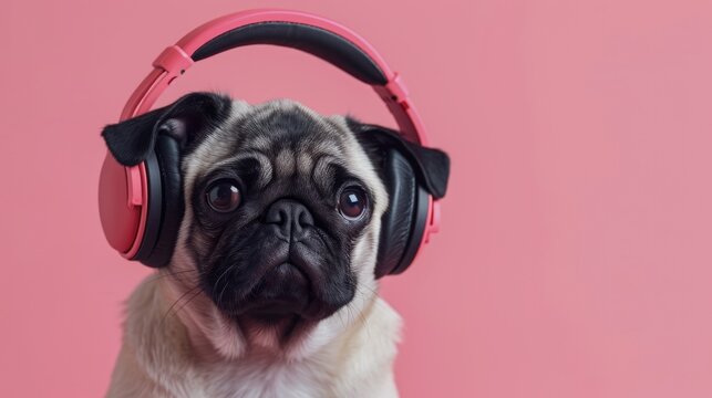 Photo portrait of a funny pug puppy with headphones on a pink background