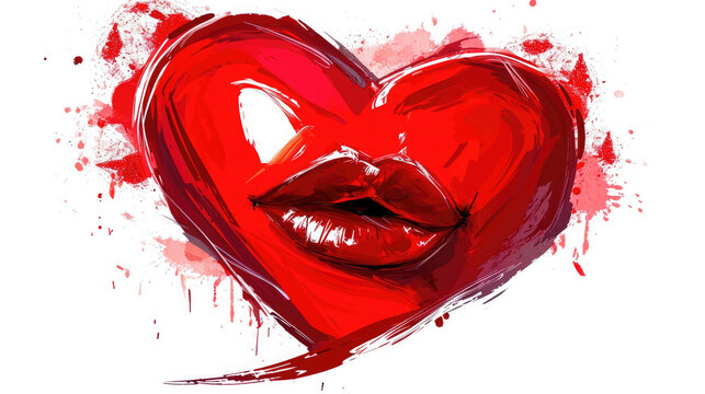 watercolor drawing of a red heart with kiss lips on a white background