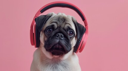 Photo portrait of a funny pug puppy with headphones on a pink background - obrazy, fototapety, plakaty
