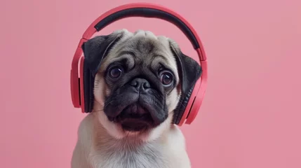 Fotobehang Photo portrait of a funny pug puppy with headphones on a pink background © Olga