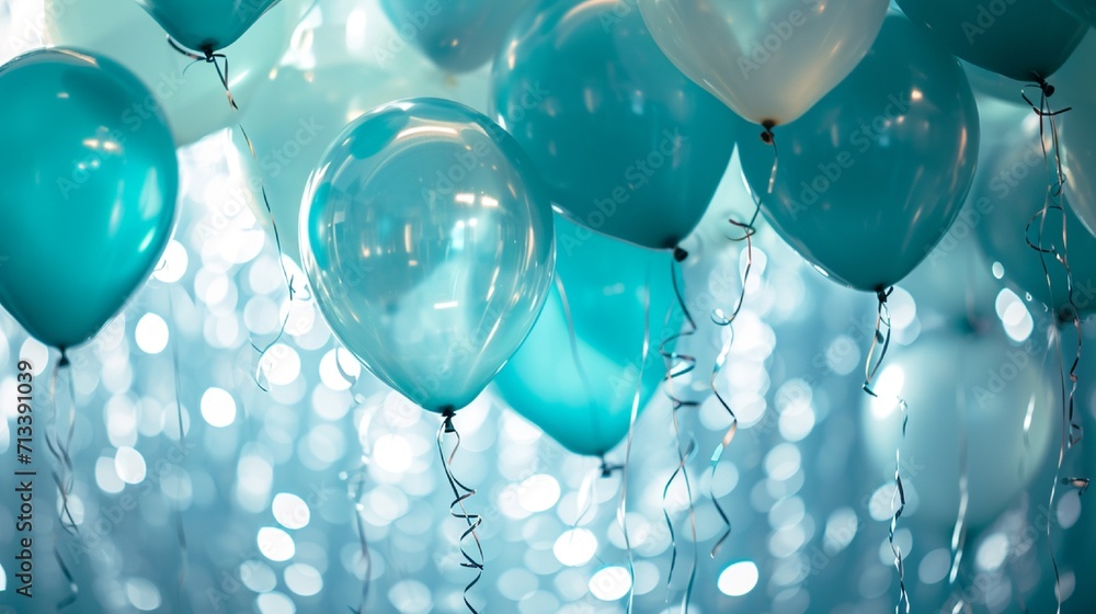 Poster balloons in different shades of blue, resembling the ocean's hues, gently floating. incorporate elem