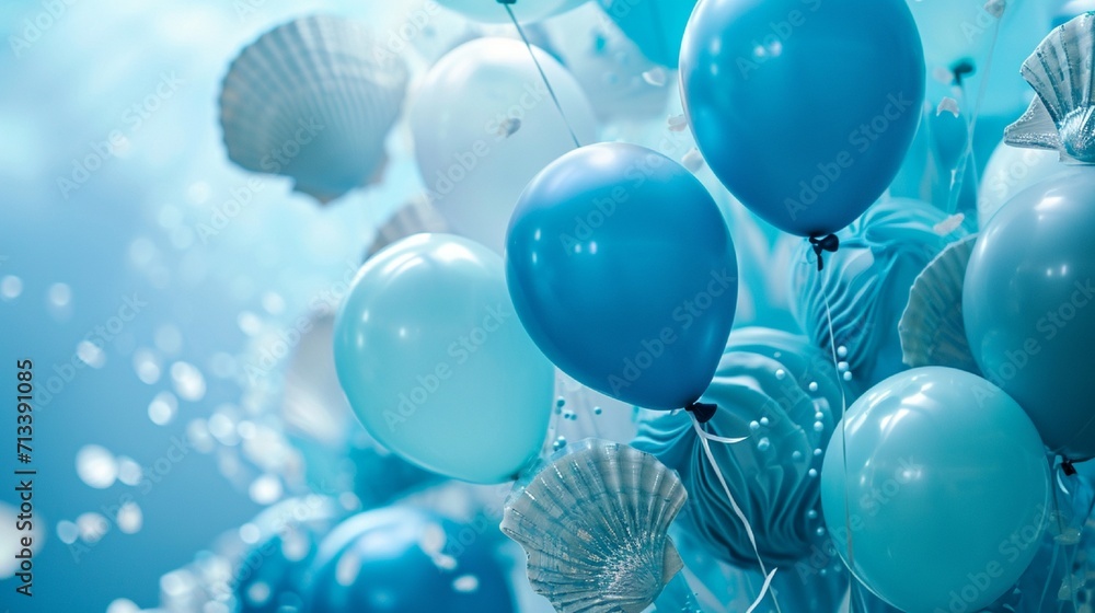 Poster balloons in different shades of blue, resembling the ocean's hues, gently floating. incorporate elem