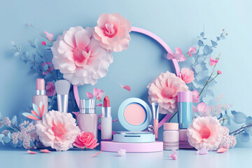 mockup of decorative cosmetics for makeup, with flowers, spring collection on a blue background, lipstick, creams