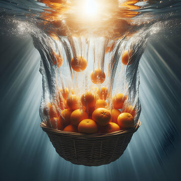 Creative Summer Abstract Art Ethereal Fantasy Basket of Gold Dust Refreshing Citrus Fruit Juice Oranges Explosion Splash Splashing Submerged Fractal Falling Deep into Swimming Pool Water Bright Star