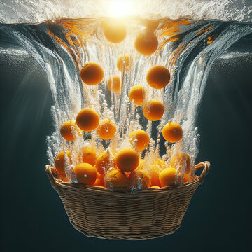 Creative Summer Abstract Art Ethereal Fantasy Basket of Gold Dust Refreshing Citrus Fruit Juice Oranges Explosion Splash Splashing Submerged Fractal Falling Deep into Swimming Pool Water Bright Star