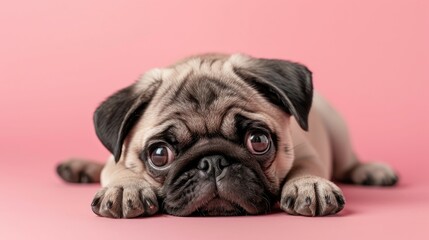Photo portrait of a cute lying pug puppy on a pink background
