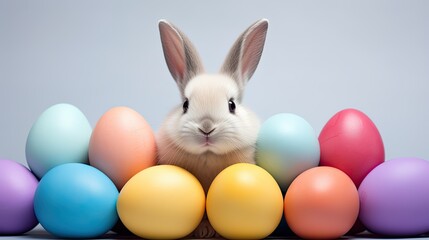 White easter bunny with colorful eggs on minimalist modern solid color background, Christian holiday minimalist minimalism copyspace banner