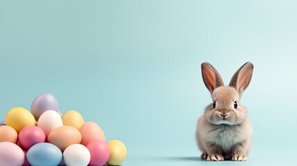 Fototapeta premium White easter bunny with colorful eggs on minimalist modern solid color background, Christian holiday minimalist minimalism copyspace banner