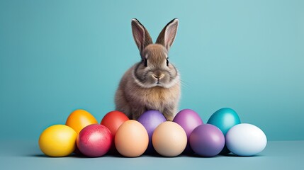 White easter bunny with colorful eggs on minimalist modern solid color background, Christian holiday minimalist minimalism copyspace banner