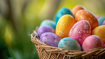Fototapeta na wymiar Colorful Easter eggs in basket in green grass Christian holiday banner