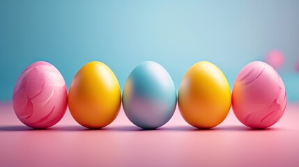 Colorful easter eggs on minimalist modern solid color background, Christian holiday minimalist minimalism copyspace banner