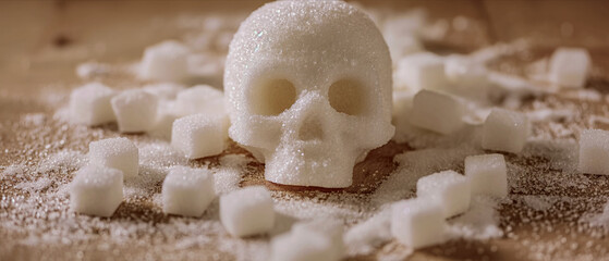 Obraz na płótnie Canvas Granulated sugar formed into a skull, surrounded by cubes, depicting the lethal implications of sugar on health