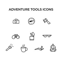 Collection of Hand drawn adventure tools icon, simple doodle icon