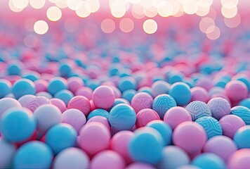 A background with an abstract representation of childhood featuring plastic balls in a ball pool. - obrazy, fototapety, plakaty