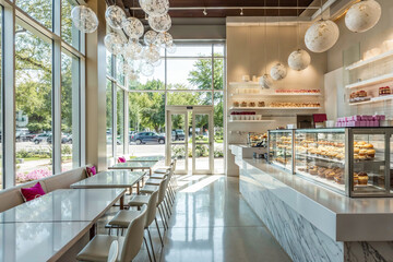 Contemporary bakery cafe with spacious interior, marble counters, and large windows inviting natural light, perfect for coffee and pastry lovers.