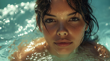 Woman srelaxing wimming in the pool