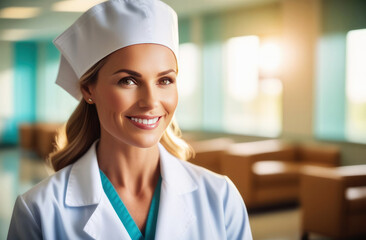 portrait of female doctor. Smiling nurse in a white coat and cap.