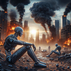 modern humanoid robots disheartened in a dystopian atmosphere