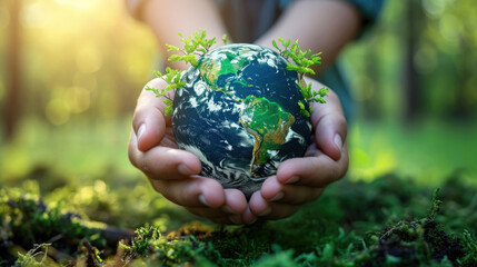 green planet earth with nature and trees in hands