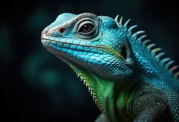 Obraz premium Beautiful green chameleon on dark blurred turquoise blue background with tropical plants and leaves. Veiled colorful chameleon on branch. Reptile lizard in zoo terrarium. Exotic domestic pet concept