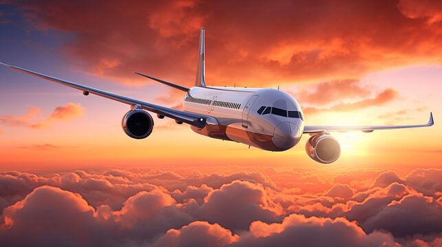 Commercial airplane flying above clouds at sunset. 3d render illustration.AI.