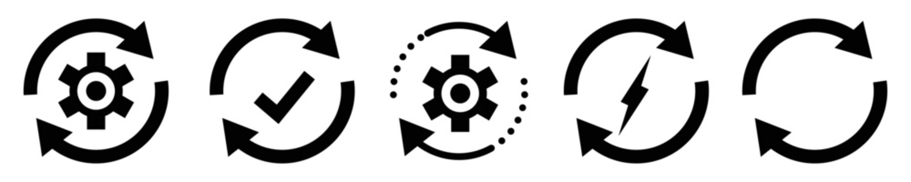 Sync processing icons set. Circle arrow with gear wheel vector. Vector Illustration.