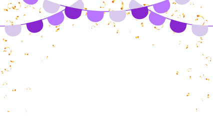 Frame purple bunting garland flag and confetti birthday decoration elements