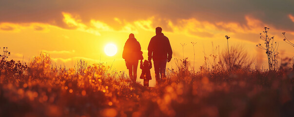 Naklejka premium Silhouette of a family holding hands, facing the sunrise on a golden autumn morning, depicting warmth and togetherness in glow , Family Embracing Dawn: A New Day Begins, International Family Day