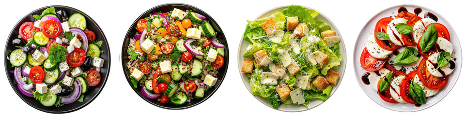 Salad plates with green leaves mix and vegetables with avocado or eggs, chicken and fruits on transparent background. Generative AI