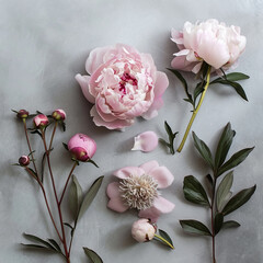 Flat lay floral arrangement of Pale pink peonies on a grey concrete background