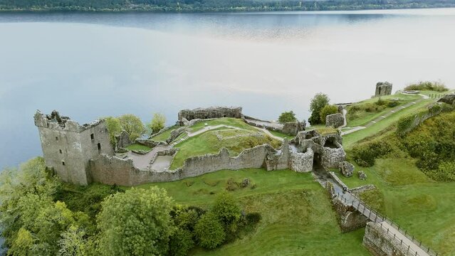 Urquhart Castle ruins at Loch Ness Scotland Aerial view
