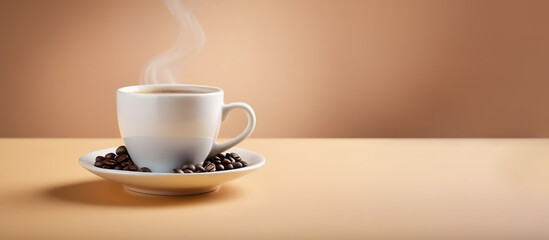 Cup of coffee and saucer. White classic ceramic mug filling a hot black coffee isolated on a beige studio background. Steaming flowing smoke. Coffee beans on a table. Copy space, front view, banner.