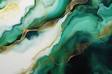 Abstract green liquid watercolor background with golden lines. Pastel marble alcohol ink drawing .Generative AI