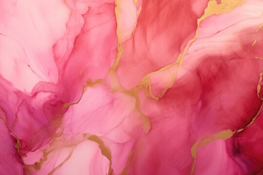 Abstract red pink  liquid watercolor background with golden lines. Pastel marble alcohol ink drawing .Generative AI