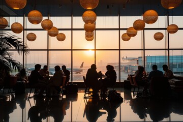 Passengers in airport lounge with view of airplane at sunset