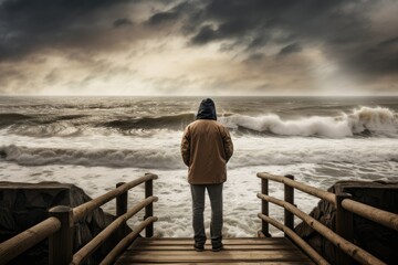 a middle-aged man in a cap stands on the pier watching the approaching wave - obrazy, fototapety, plakaty