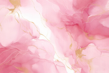 Fototapeta premium Abstract pink liquid watercolor background with golden lines. Pastel marble alcohol ink drawing .Generative AI.